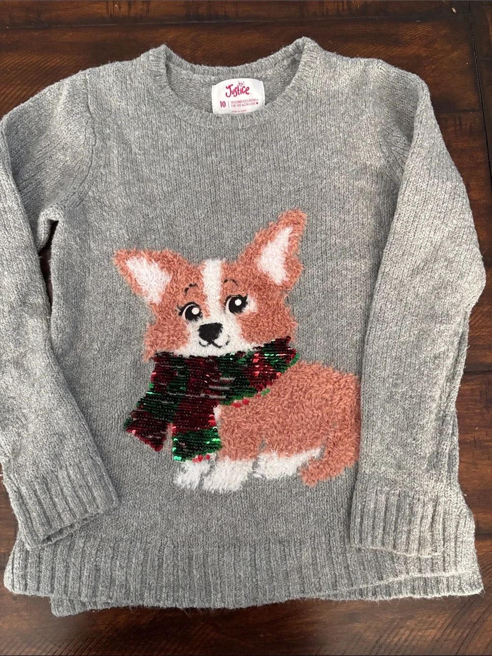 Justice Gray Sweater with Pink Corgi and Green-Red Sequin Scarf